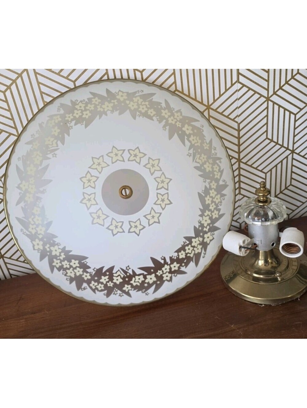 Vintage Gold Filigree Frosted Yellow & White Daisy Domed Ceiling Light Fixture